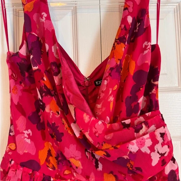 Express Floral Chiffon Fit Flare Pink Red Sleeveless Dress VNeck  Zipper Size 4 - Picture 3 of 11